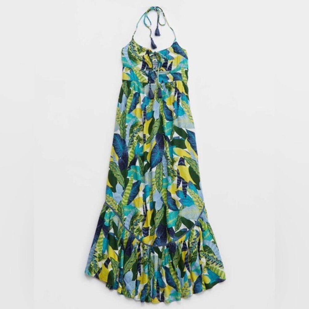 Aerie Paradise Palm Green Blue Halter Cutout Maxi Dress Size Large - Picture 2 of 14